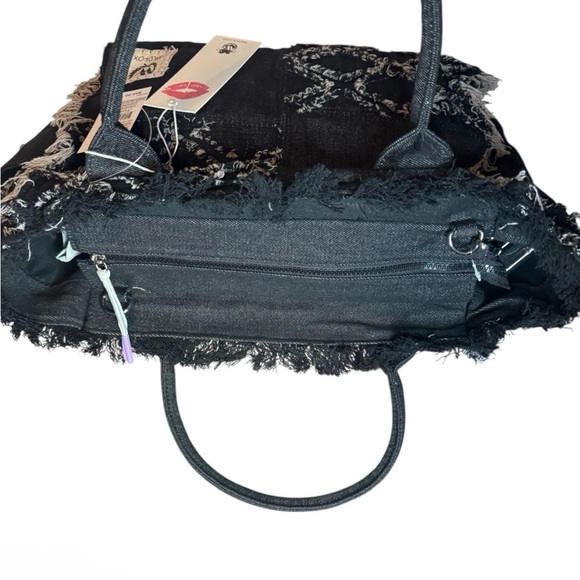 Wildfox Black Denim Distressed Black/Gray Detail Tote Bag w/adjustable strap - Picture 4 of 4